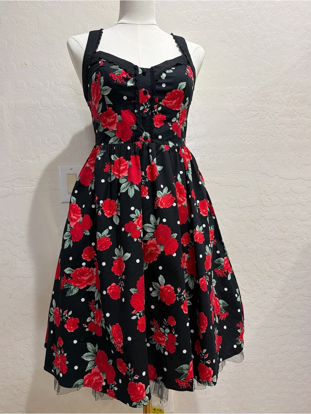 Hot Topic NWT Red Rose Polka Dot Pinup Fit & Flare Dress M